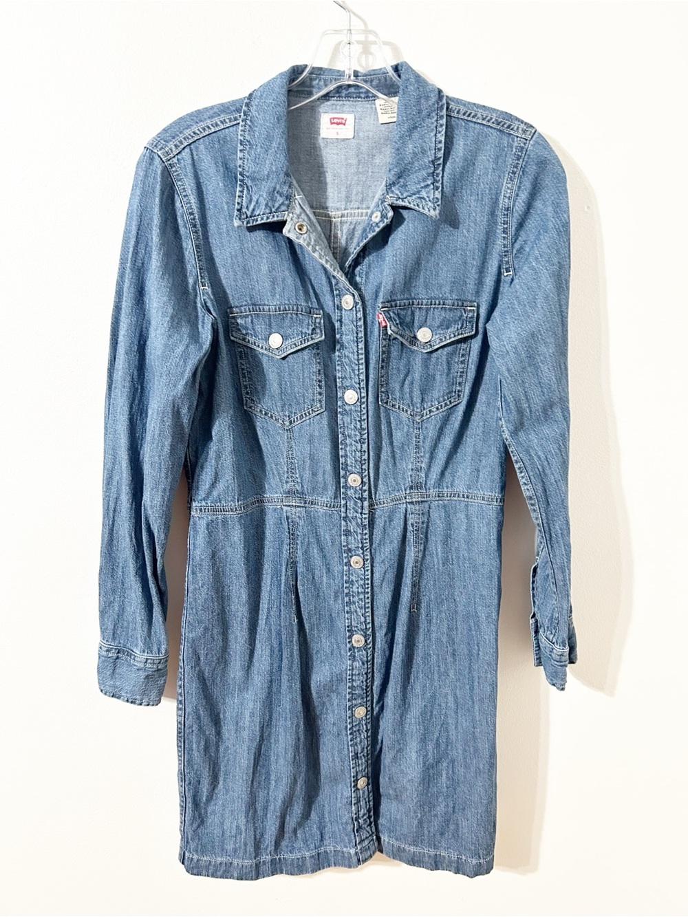 Levi’s Classic Medium Blue Wash Denim Jean Shirt Dress Snap Front – Size S